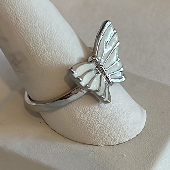 Silver Tone & White Enamel Butterfly Ring, 10 - Picture 2 of 3